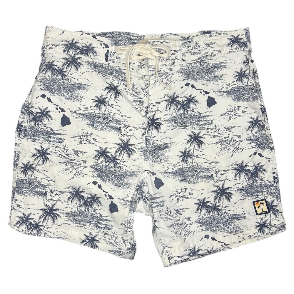 Marine Layer Men's Palm Island Swim Trunks White & Navy swimwear board shorts